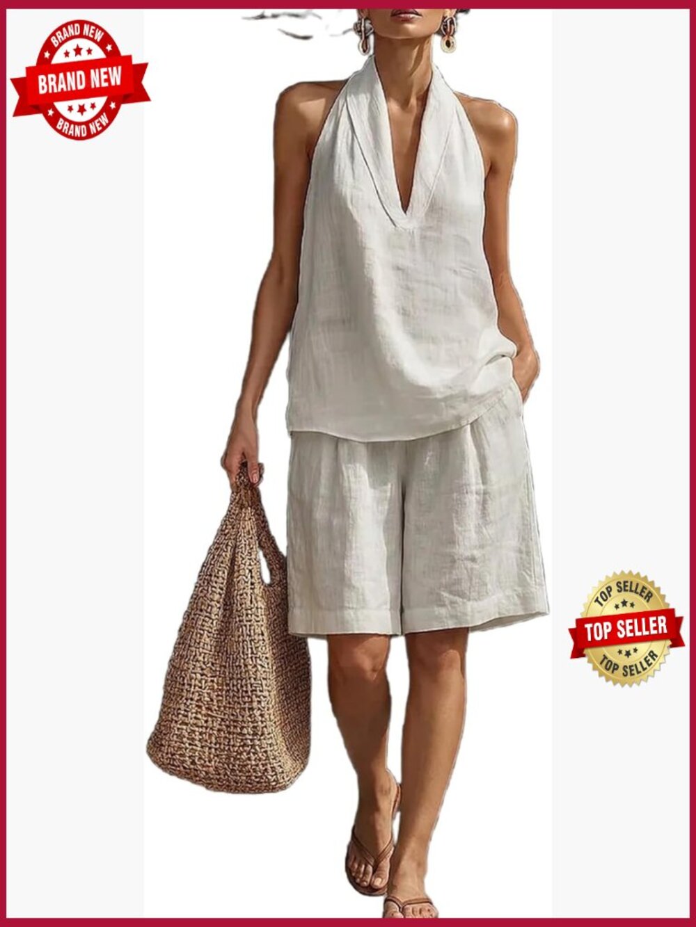 Linen 2 Piece Set V Neck Top and Shorts Loose Fit Matching Summer Outfit S